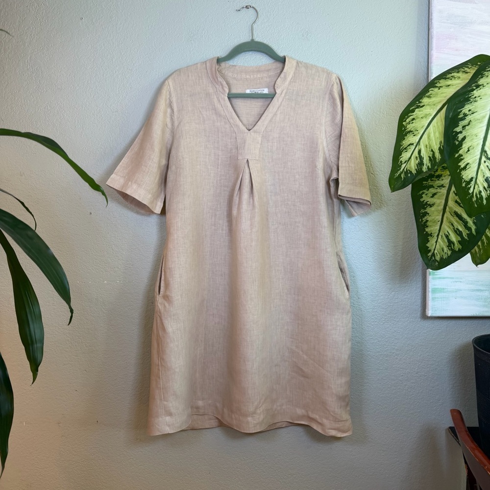 Haris Cotton Linen Natural Tan V-Neck Short Sleeve Coastal Minimalist Dress L